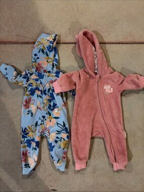 2 Fleece Hooded Baby One-Pieces blue flowers and one with Fox Accent